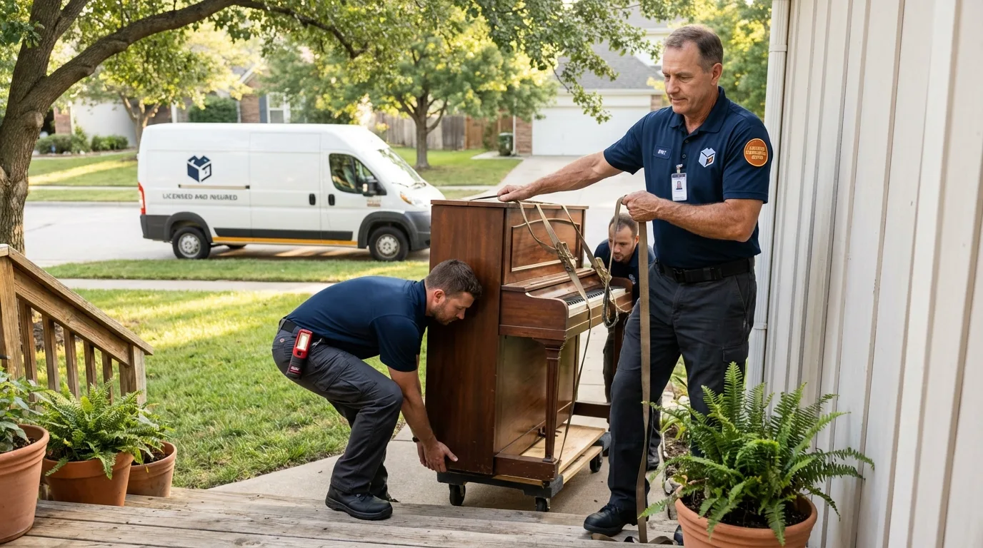 Licensed piano movers securing grand piano in Lexington, NC