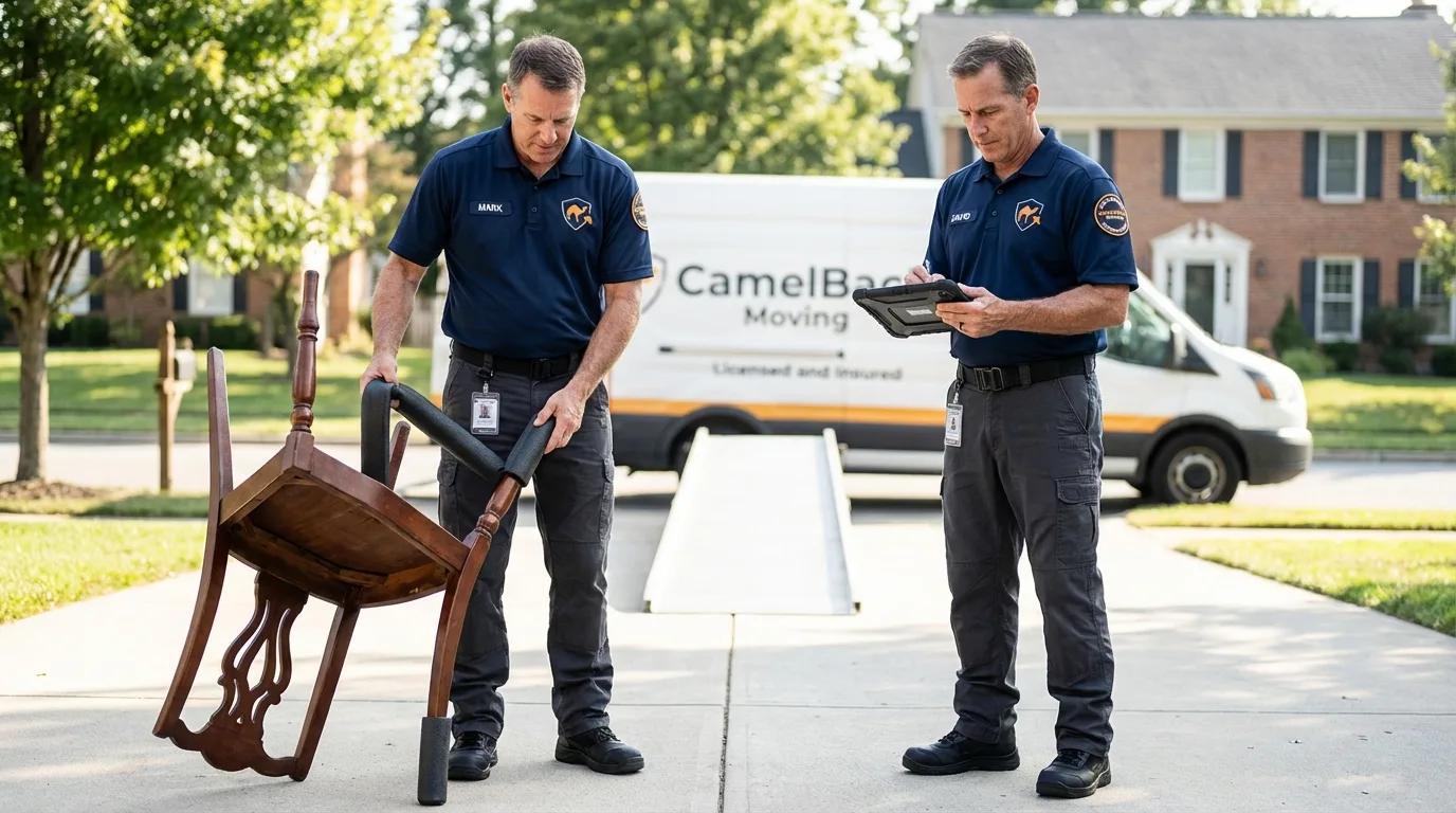Movers inspecting furniture for damage prevention before loading in Lexington, NC
