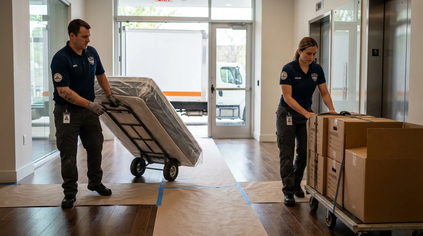 Professional apartment movers loading elevator in Lexington, NC